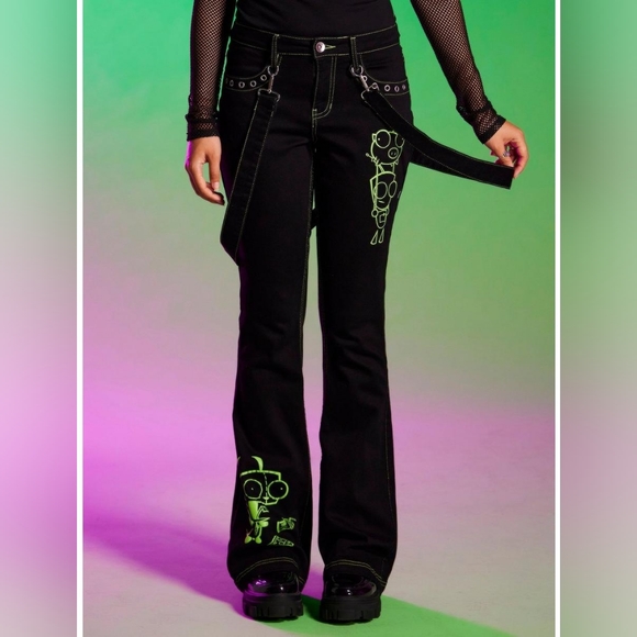 HOT TOPIC Invader Zim GIR Suspender Flare Pants NWT Size 18 - Picture 2 of 8